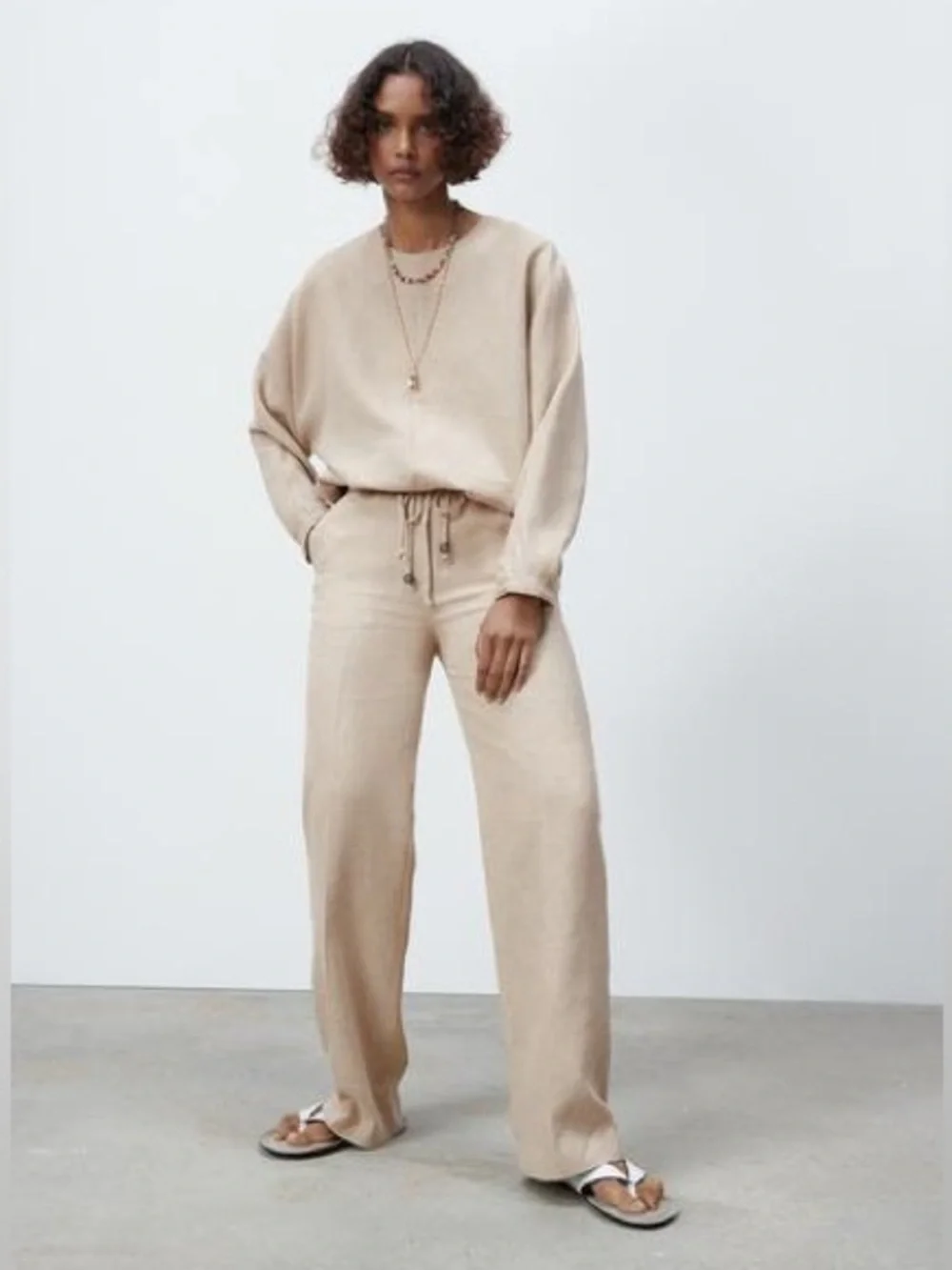 Zara Linen Blend Pants Sand S NWT